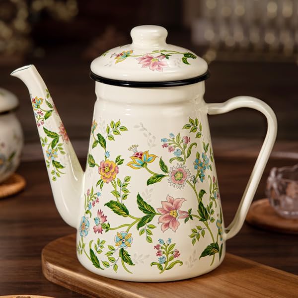 Enamel Tea Kettle – 1.2L Stovetop Teapot with Vintage Floral Pattern, Kettle for Stove, Ideal Small Tea Kettle for Gas & Induction Cooktops
