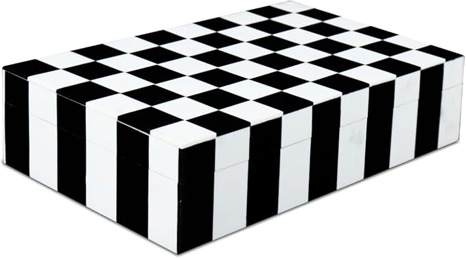 Handicrafts Home Decorative Storage Box with Lid, Black and White Decorative Remote Holder Box, Coffee Table Storage Box for Living Room, Console Table & Shelf Decor, Puzzle Check - 10 x 6 x 2.5