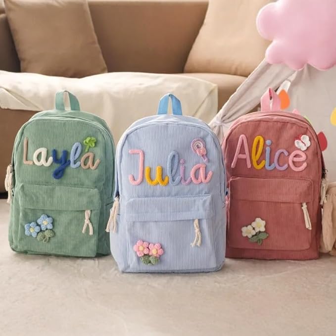 Personalized Corduroy Backpack, Custom School Bag with Embroidered Name, Customize Monogram Book Bag Back to School Gifts for Toddlers and Kids