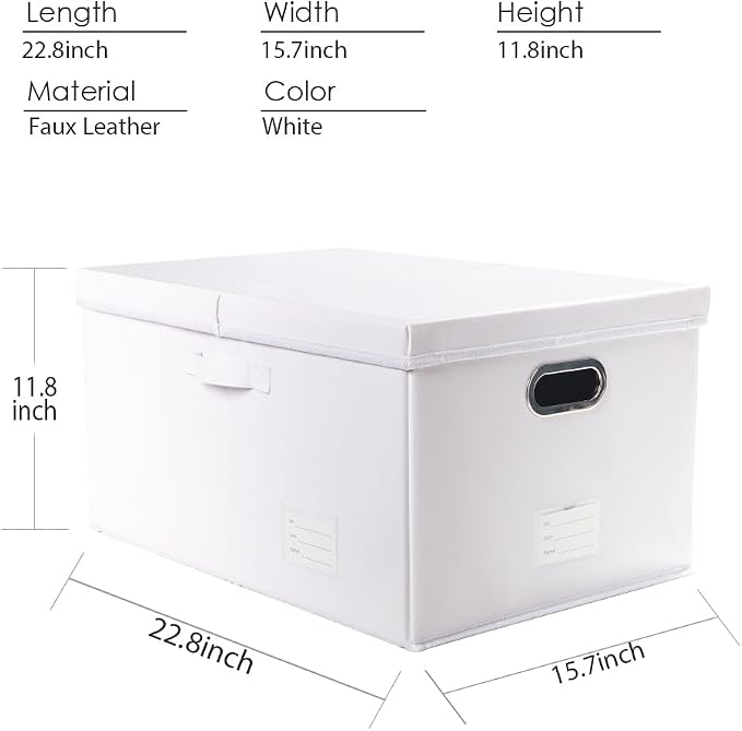 Collapsible Storage Box with Lid [3-Pack] Leather Fabric Foldable Storage Bin Organizer Container Basket Cube with Cover for Home Bedroom Closet Office Nursery White(22.8X15.7X11.8)
