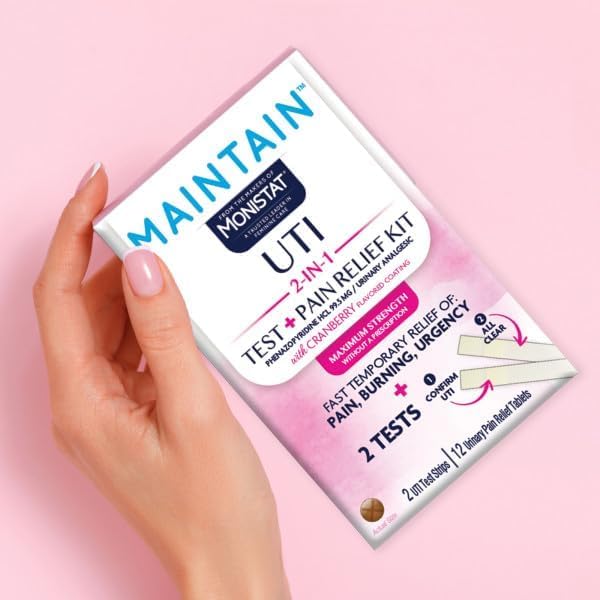 Monistat Maintain UTI Test and Pain Relief Kit, UTI Test Strips and Urinary Pain Relief Tablets, Cranberry Flavor Coating, 2 Test Strips and 12 Tablets (Pack of 4)