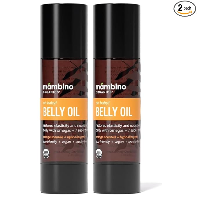 Mambino Organics Oh Baby! Belly Oil for Pregnant Women, Organic Stretch Mark Oil for Pregnancy, Postpartum Skin Elasticity, Hydration, Tamanu, Shea Butter, Calendula, Vegan, Non-GMO, 4 fl oz, 2-Pack