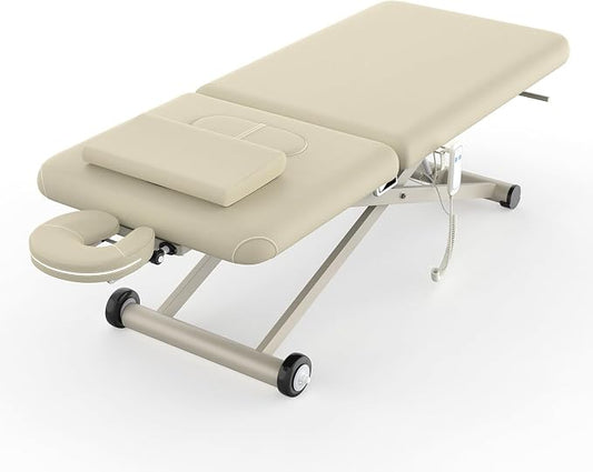 pouseayar Heavy Duty Electric Massage Table, Electric Lift Motor and Manual Backrest Adjustable for Treatment/Medical Spa/Facial Bed/Beauty Bed and More - 31.2 Wide x 75 Long - Beige Gray