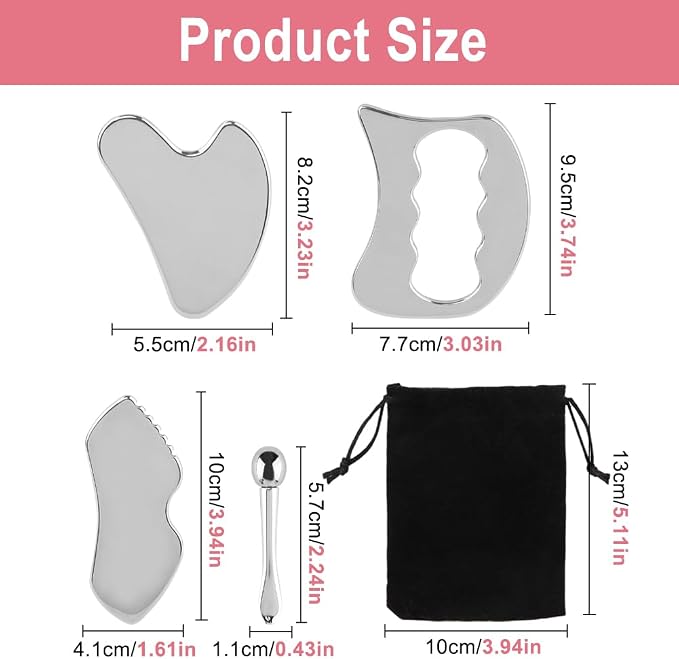 4-in-1 Stainless Steel Gua Sha Tool Set, Gua Sha Facial Tools, Fascial Massager for Deep Tissue Relief, Facial Contouring & Puffiness Reduction
