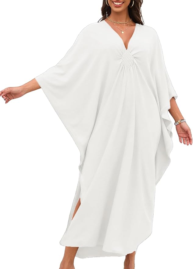 ChiaoLezhee Print Moo-Moos for Women, Kaftan Cover-Up Dresses, Sexy V-Neck High-Slit, Beach Pool-Party Coverups Muumuu Plus