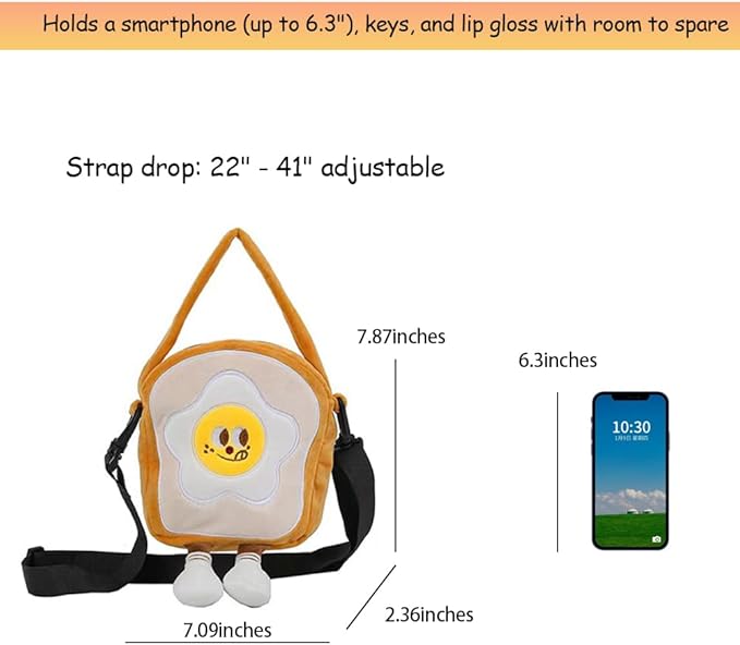 Bread Slice Crossbody Bag for Teens Girls Women, Mini Kawaii Cute Shoulder Purse with Zipper, Funny Food Plush Gift