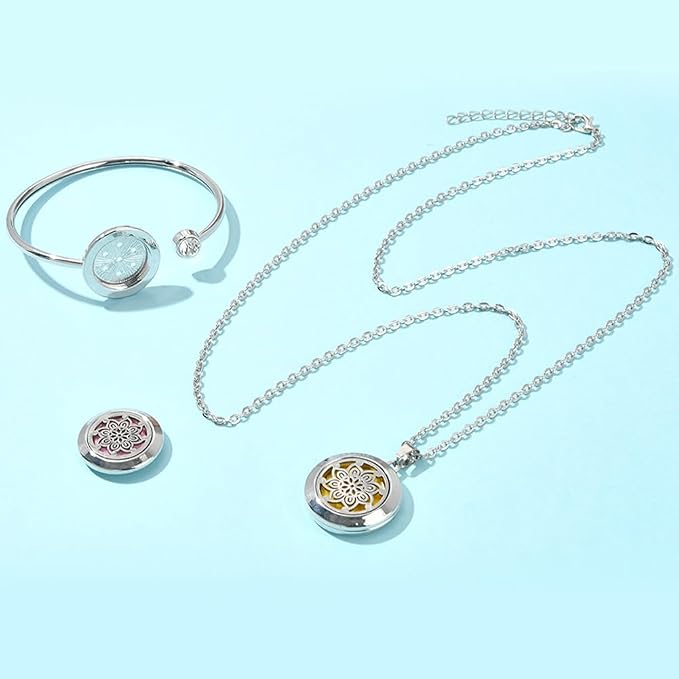 SUNNYCLUE 1Pc Essential Oil Diffuser Bracelet 1Pc Essential Oil Necklace with 10Pcs Refill Pads Flower Stainless Steel Necklaces Adjustable Cuff Bangles Aromatherapy Locket Bracelets for Women Gifts