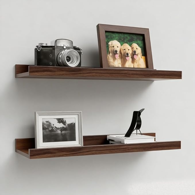 Boswillon Floating Shelves Set of 2, Small Wall Shelf with Lip, 16in, Walnu | Display Ledge Shelf for Room Wall, Wall Decor Shelves for Bathroom, Living Room, Bedroom, Kitchen, Nursery Room, Rustic, Wood