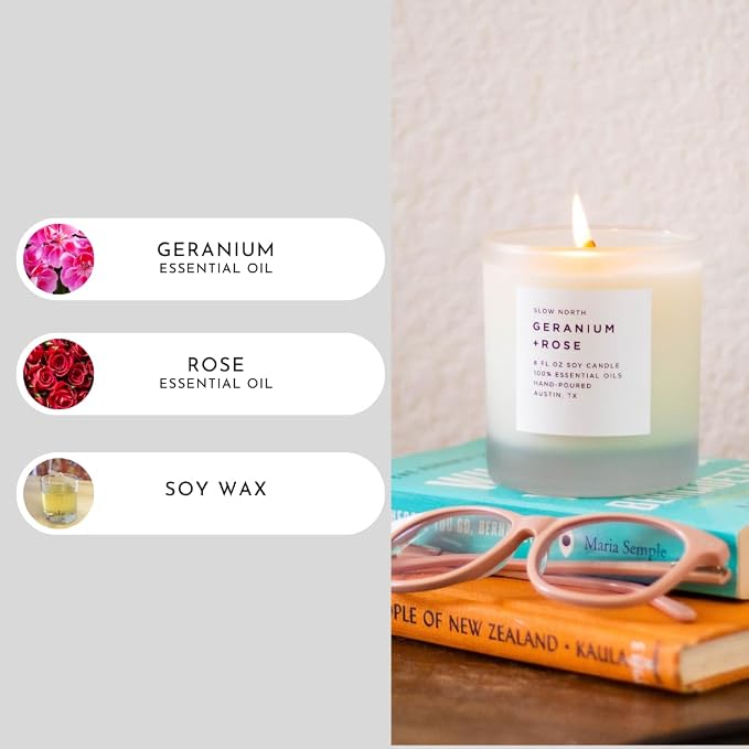 Slow North Geranium + Rose Candle - Essential Oils and Pure Soy Wax Candle in a Reusable Frosted Glass Jar - A Unique Scented Candle Hand-Poured in the USA (8 oz)