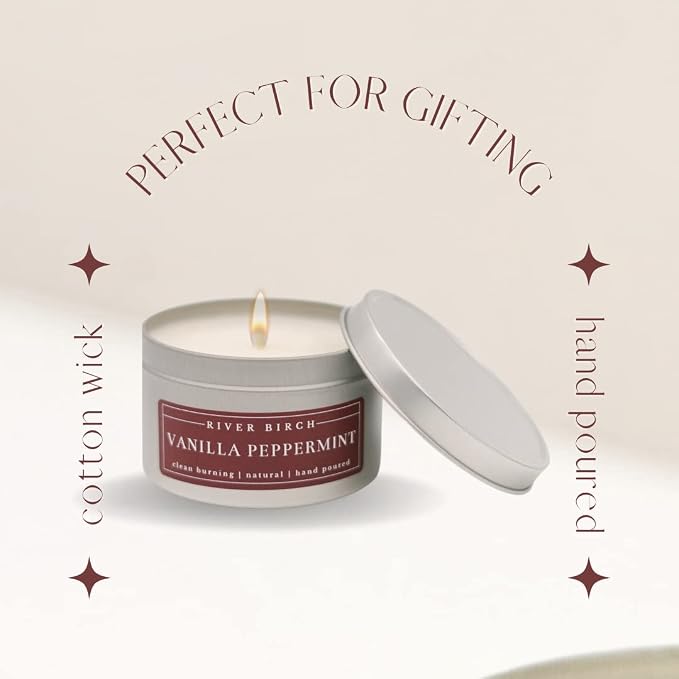 River Birch Candles Vanilla Peppermint Scented Candle | Premium, All-Natural, Non-Toxic, Soy Candles | 8 oz. Silver Tin Travel Candle | Cozy Relaxing Gifts for Home