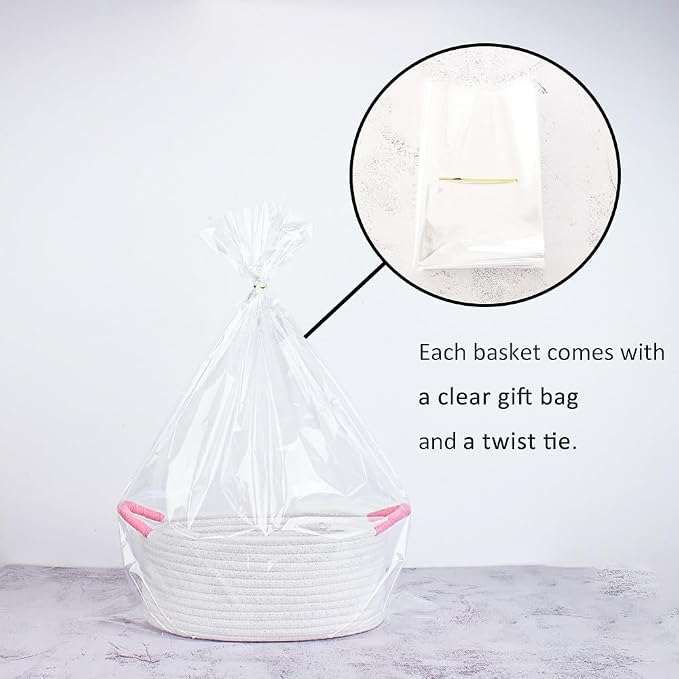 Yimi's Dream White and Pink Cotton Rope Gift Basket with Handle, 12 x 8 in | Empty Oval Woven Storage Basket for Baby Shower, Easter, Valentine's Day, Birthday, Nursery, Toy, Mom, Shelves, Home Decor