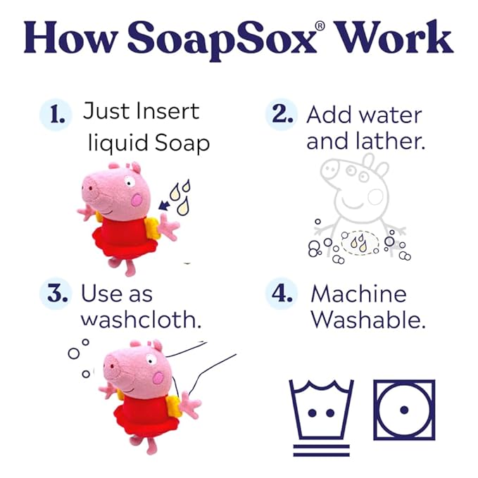 Peppa Pig by SoapSox Kids - Exfoliating Bath Scrub - Soft Animal Toy Wash Cloth Sponge with Soap Pocket Insert - Fun Loofah Characters for Babies, Kids and Children