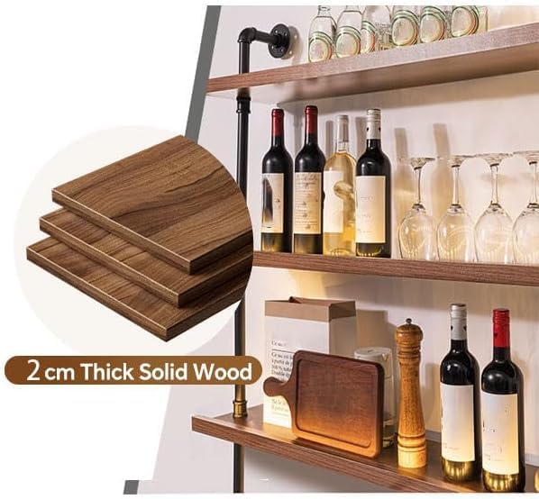 55.1in Wall Mounted Wine Rack with LED Light Solid Wood | 3-Tiers Liquor Bottles Floating Shelves Display Storage Organizer for Home Bar & Dining Room