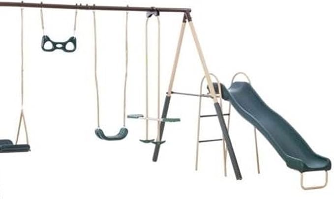 XDP Recreation Deerfield Outdoor Playground Swing Set with Slide, See Saw, Trapeze Swing, Fun-Glidr, Swing Seat, and Stand N Swing