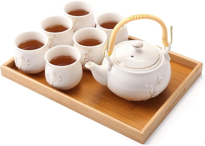 Dujust Japanese White Porcelain Tea Set - Teapot, 6 Tea Cups, Tray & Stainless Infuser - Plum in Golden