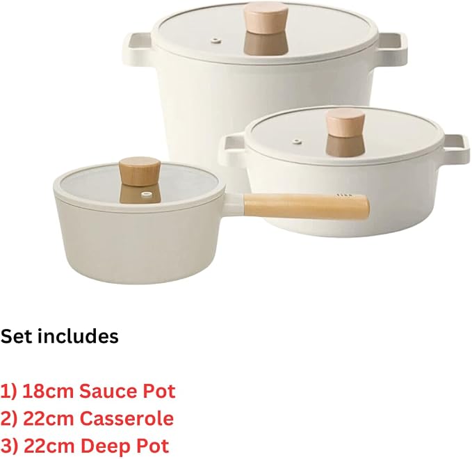 Neoflam FIKA 6 Piece Kitchen Nonstick Cookware Pot Set with GlassLid, Induction, Multipurpose Cooking Essential Casserole, Every Day Use, Made in Korea (Ivory)
