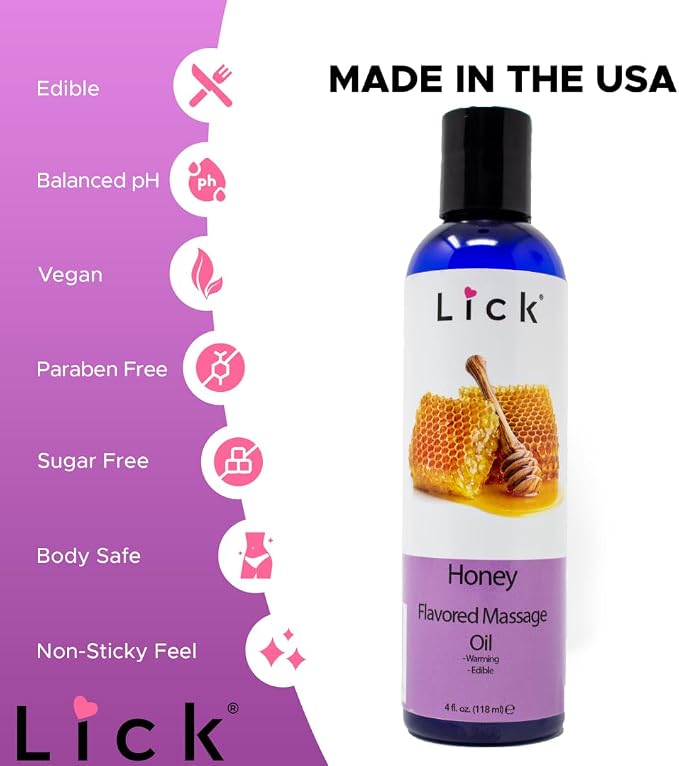 Lick Honey Flavored Massage Oil – Warm Sweet Edible Massage Oil with Sweet Almond Oil & Vitamin E, Smooth Body-Safe Glide for Couples Massage & Relaxation, 4 oz