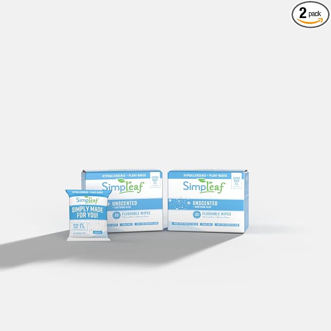 Simpleaf Flushable Unscented Single Pack Wet Wipes | Paraben & Alcohol Free | Hypoallergenic & Safe for Sensitive Skin | Soothing Aloe Vera Formula | (30 x 2 Single Pack Wipes) 60 Counts Total