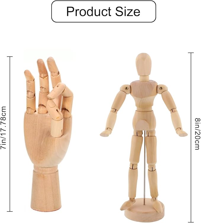 2 Pack 8" Drawing Mannequin,7" Little Hand Model,Artists Wooden Drawing Figure Animation Dolls Figure Supplies Stop Motion Art Manikin Poseable Drawing Tools for Decor,Painting,Sketching,Gifts