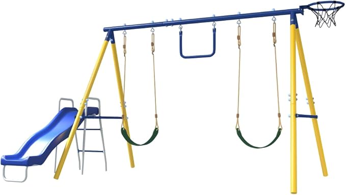 Heavy-Duty 5-in-1 Metal Swing Set for Backyard, Outdoor Playset for Kids 3-12 with Slide, 2 Swings, Basketball Hoop & Gymnastic Rings, Easy Assembly