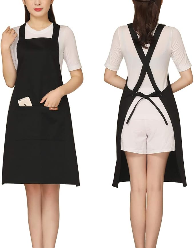 NEWGEM 100% Cotton Cross Back Apron for Women with 2 Pockets - Adjustable Button Straps Pinafore, No Neck Pain Kitchen Chef Apron for BBQ Grilling, Professional Stylist (Black)