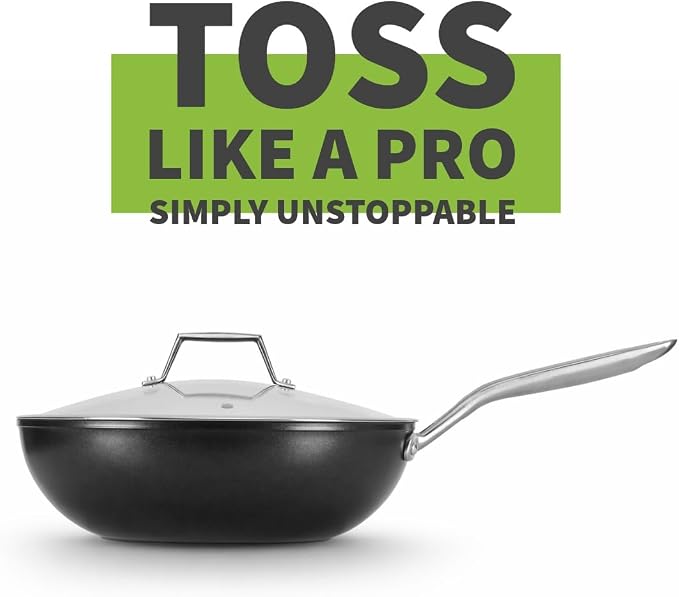 TECHEF - Onyx Collection, 12" Nonstick Flat Bottom Wok/Stir-Fry Pan with Glass Lid, PFOA Free, Dishwasher and Oven Safe, Made in Korea