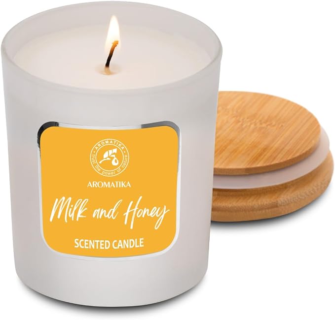 Milk & Honey Scented Candle – Aromatherapy Soy Wax, 200g – Up to 45 Hours Burn – Glass Jar for Home or Gift
