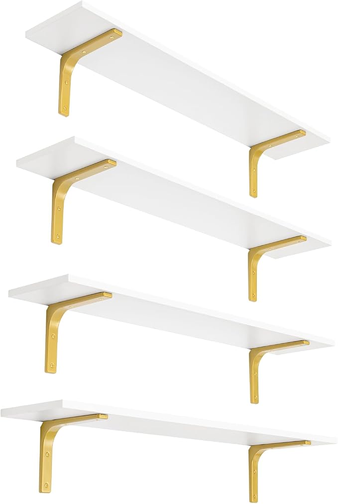 DINZI LVJ Long Wall Shelves, 31.5" Wall Mounted Shelves Set of 4, Large Floating Shelves with Metal Brackets, for Living Room, Bathroom, Bedroom, Kitchen, White and Gold