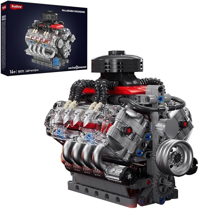 Sosuy V8 Engine Building-Blocks Sets, Working Motor Model, 487+PCS Mechanic Display Home Set for Collection Fans, STEM Cars Toys for Boys, Birthday Gitf for 8+ Kids Adults Men Girls