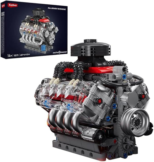 Sosuy V8 Engine Building-Blocks Sets, Working Motor Model, 487+PCS Mechanic Display Home Set for Collection Fans, STEM Cars Toys for Boys, Birthday Gitf for 8+ Kids Adults Men Girls
