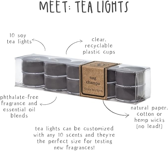Eco Candle Co. Tea Light Candles, Nag Champa, 10-Pack - Scents of Plumeria, Asian Resins, & Sandalwood - Recyclable Plastic Cups, 100% Soy Wax, No Lead, Hand Poured, Midwest Soybeans, .6 oz. Each