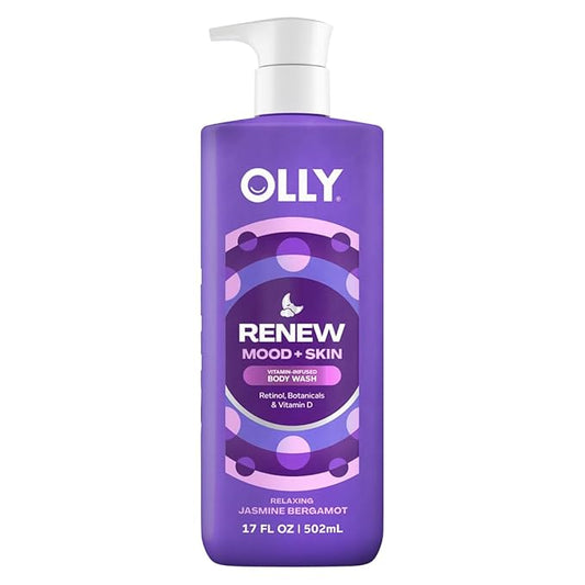 OLLY Renew Body Wash with Vitamin D, Retinol & Botanicals – Nourishing Cleanser for Skin Barrier Repair, Deep Hydration, Jasmine Bergamot Scent, 17oz