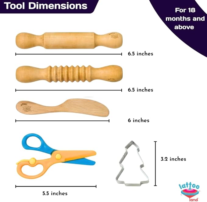 Lattooland Dough Tools Set of 5 - Sculpting Tools to Roll, Cut, Flatten | Wooden Rollers & Knife | Child-Safe Scissor | Pretend Play Kitchen | Clay Mould for Kids Ages 2-7 | Art & Craft