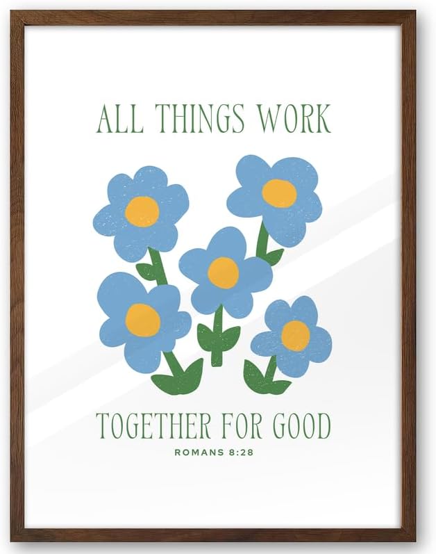 EcoHest 12x16 in Romans 8:28 All Things Work Blue Floral Christian Wall Art | Walnut Color Solid Oak Frame with Canvas Wall Art, Scripture Bible Verse Decor for Bedroom, Living Room, Office, Church,1Pack