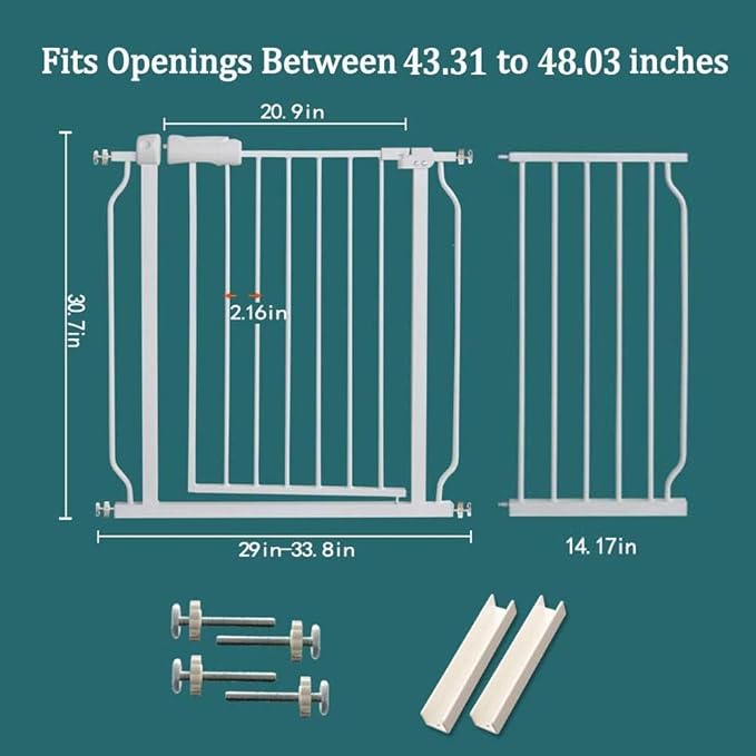 ALLAIBB Extra Wide Pressure Mounted Baby Gate Walk Through Child Kids Safety Toddler Tension White Long Large Pet Dog Gates with Extension for doorways Kitchen (43.31-48.03"/110-122cm)