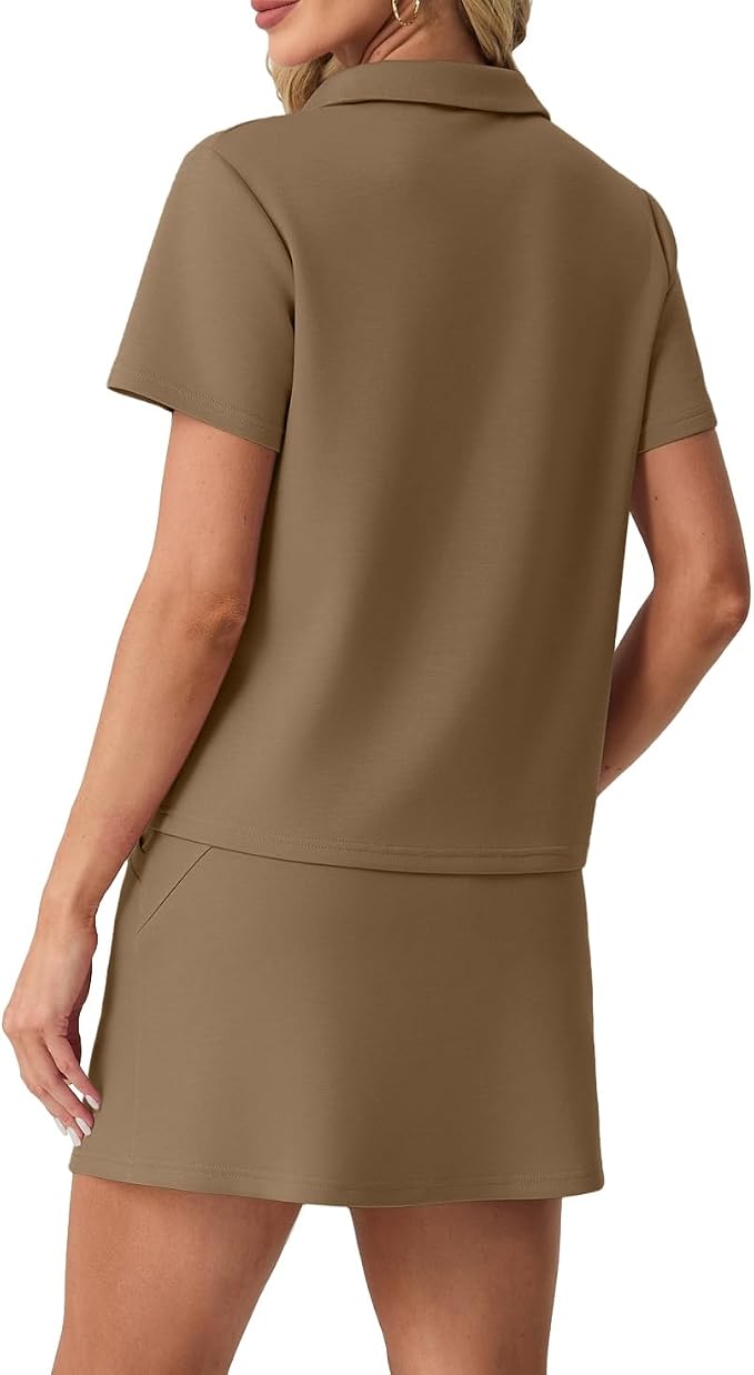 GRECERELLE Women's Summer 2 Piece Skort Set Half Zip Short Sleeve Top & Pocketed Tennis Skirt For Sports & Vacations.