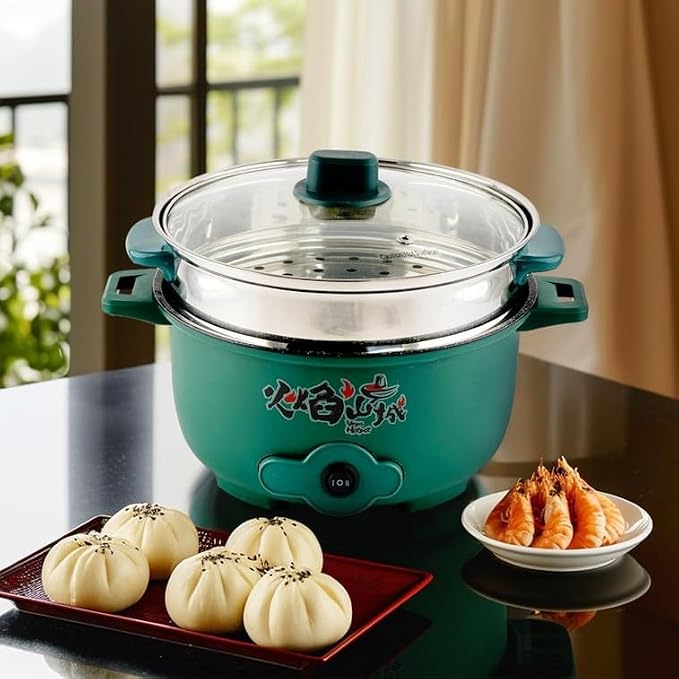 VEGAS Electric HOT POT Multifunction Steam & Cooking Ramen Pot with Automatic Keep Warm Mode Nonstick Inner Pot & Full-View Glass Lid &Stainless steel steamer basket Color Shipped Randomly(9 inch)