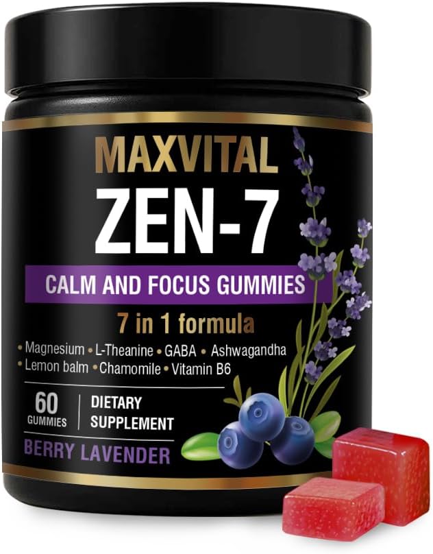 Zen-7 Calm & Focus Gummies for Adults - Sugar Free Daily Calm & Mental Clarity Support - L-Theanine, GABA, Ashwagandha, Magnesium, Lemon Balm & B6 - Berry Lavender - 60 Vegan Gummies