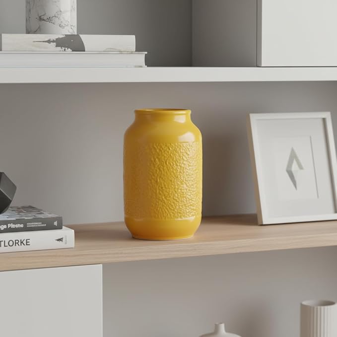 9 Inch Yellow Ceramic Vase for Flowers - Textured Mustard Round Cylinder Flower Vase - Modern Decorative Pottery - Boho Home Decor Centerpiece for Table, Bookshelf, Mantle, Fall Decoration