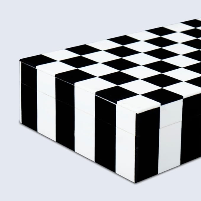 Handicrafts Home Decorative Storage Box with Lid, Black and White Decorative Remote Holder Box, Coffee Table Storage Box for Living Room, Console Table & Shelf Decor, Puzzle Check - 10 x 6 x 2.5