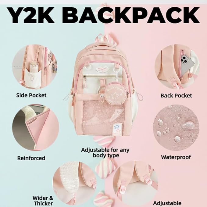 Kawaii Backpack Double Shoulder Bag with Cute Star Removable Pouch Clear Pocket Large Capacity Dopamine Colors Daypack (Clear Pink)