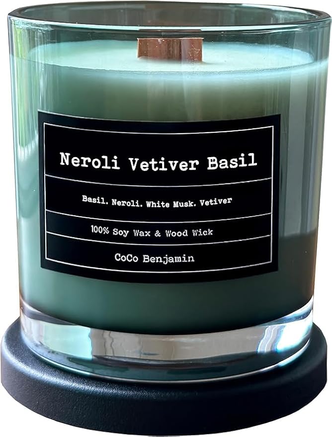 100% Soy, Highly Scented, Hand Poured Soy Candle (Neroli Vetiver Basil (Wooden Wick))