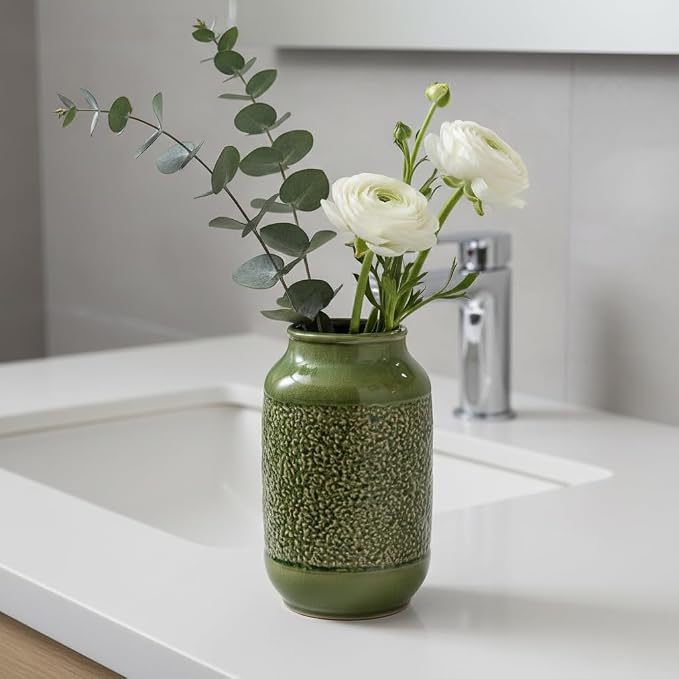 Modern Ceramic Vase for Flower, 9 Inch Minimalist Decorative Vases for Home Decor, Table Shelf, Console Cabinet, Mantle, Living Room, Bathroom, Bedroom, Office, Green