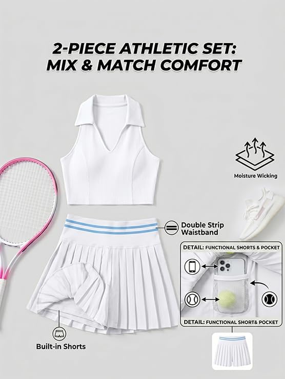 Two Piece Tennis Skirt Set for Women, Athletic Outfit with Pockets & Built-in Shorts, Moisture Wicking Golf Dress