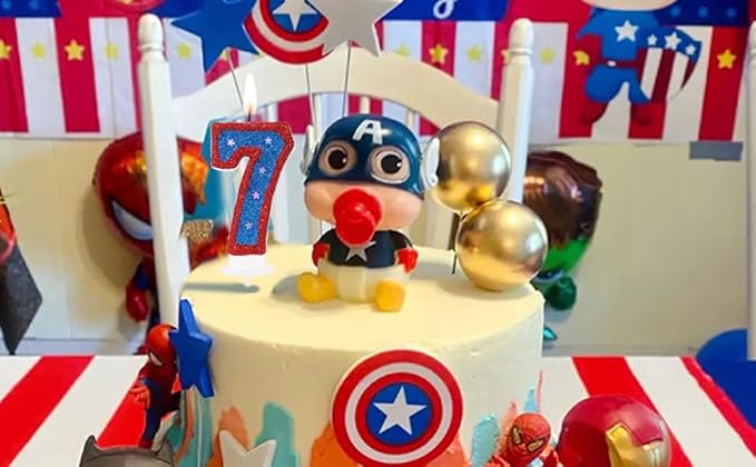Superheroes Theme 7 Birthday Candle, 3D Blue Hero Captain Number 7 Candle for Birthday Cake Boy Girl 7 Years Old Cake Topper Party Decoration