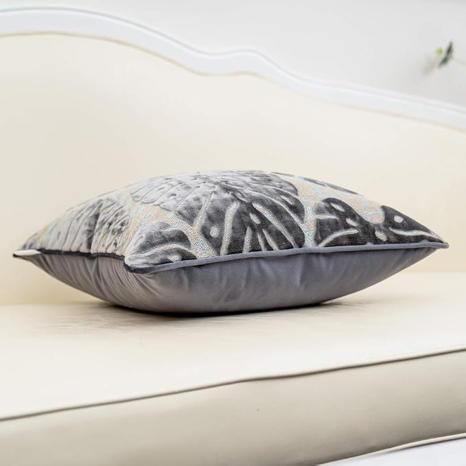 Alerfa 12 x 20 Inch Rectangle Leaf Pillow Embroidery Cut Velvet Cushion Case Luxury Modern Lumbar Throw Pillow Cover Decorative Pillow for Couch Sofa Living Room Bedroom Car, Gray Silver