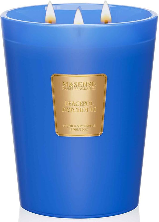 M&SENSE Peaceful Patchouli Scented Candle, 35oz 3 Wick 150H, Natural Soy Large Aromatherapy Candles for Meditation & Stress Relief, Yoga Housewarming Gift