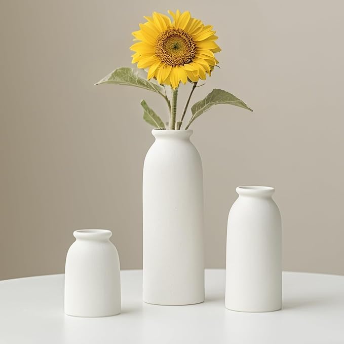 Ceramic Vase Set-3, Small Flower Vases for Decor, Modern Boho Farmhouse Style, Decorative Vases for Pampas Grass & Dried Flowers, Distressed Finish (White)