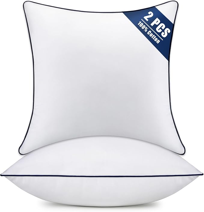 Throw Pillow Inserts Set of 2-Fluffy Square Cushions with 100% Cotton Covers-Decorative White Pillow Fillers for Sofa, Bed, Couch, Living Room, Indoor Hotel Pillows (18x18 Inch (Pack of 2)-Blue Edge)