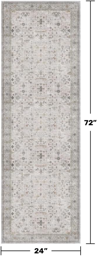 Hazo Haus Washable Neutral 2x6 Bathroom Runner Rug, Vintage Kitchen Floor Mat for Indoor Entrance and Bedroom, Light Gray & Sage Geometric Runner Rug Decor, Low Pile Stain Resistant